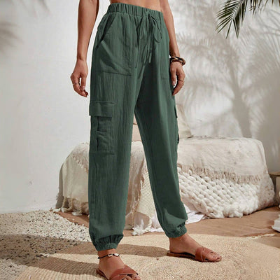 Olivenorma Damen Einfarbige Cargohose mit hoher Taille und Kordelzug zum Wandern, Joggen - image 14