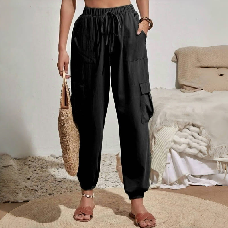Olivenorma Damen Einfarbige Cargohose mit hoher Taille und Kordelzug zum Wandern, Joggen - image 5