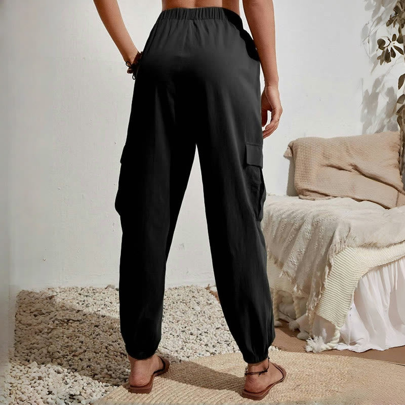 Olivenorma Damen Einfarbige Cargohose mit hoher Taille und Kordelzug zum Wandern, Joggen - image 6