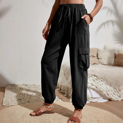 Olivenorma Damen Einfarbige Cargohose mit hoher Taille und Kordelzug zum Wandern, Joggen - Schwarz - XL - image 4