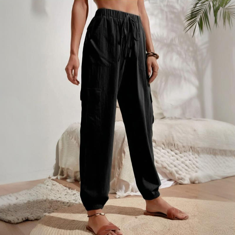 Olivenorma Damen Einfarbige Cargohose mit hoher Taille und Kordelzug zum Wandern, Joggen - image 7