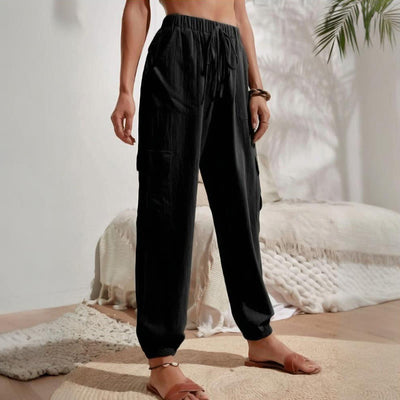 Olivenorma Damen Einfarbige Cargohose mit hoher Taille und Kordelzug zum Wandern, Joggen - image 7