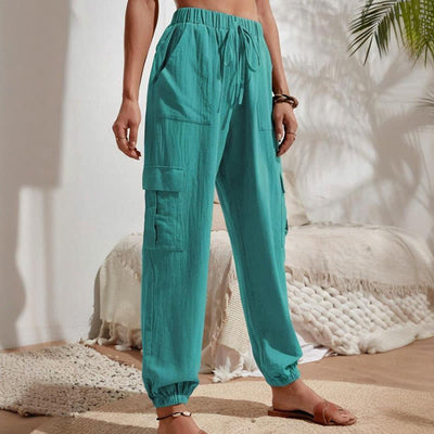 Olivenorma Damen Einfarbige Cargohose mit hoher Taille und Kordelzug zum Wandern, Joggen - image 22