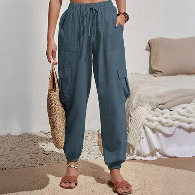 Olivenorma Damen Einfarbige Cargohose mit hoher Taille und Kordelzug zum Wandern, Joggen - image 24