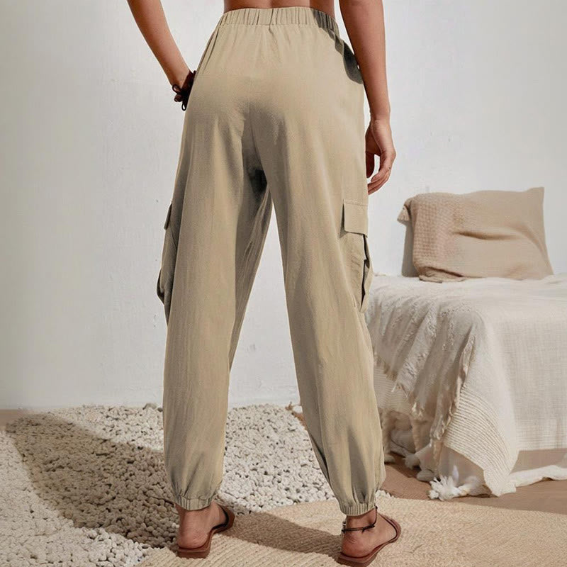 Olivenorma Damen Einfarbige Cargohose mit hoher Taille und Kordelzug zum Wandern, Joggen - image 3