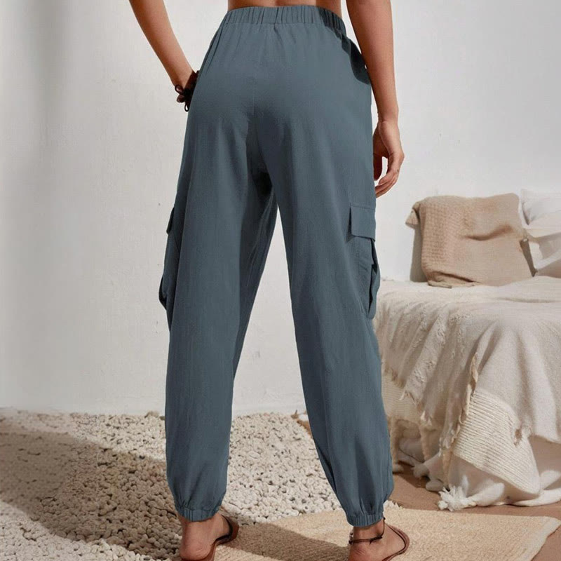 Olivenorma Damen Einfarbige Cargohose mit hoher Taille und Kordelzug zum Wandern, Joggen - image 25