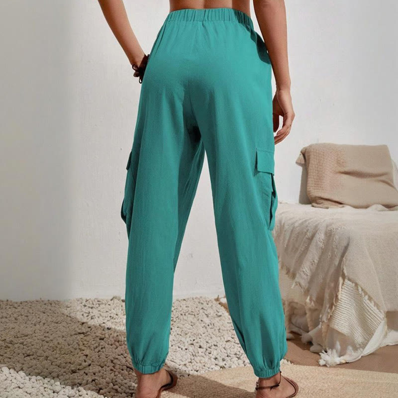Olivenorma Damen Einfarbige Cargohose mit hoher Taille und Kordelzug zum Wandern, Joggen - image 21