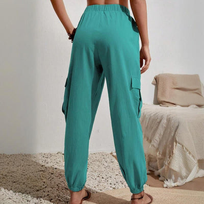 Olivenorma Damen Einfarbige Cargohose mit hoher Taille und Kordelzug zum Wandern, Joggen - image 21