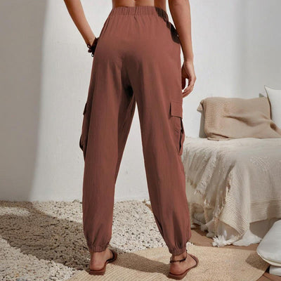 Olivenorma Damen Einfarbige Cargohose mit hoher Taille und Kordelzug zum Wandern, Joggen - image 17