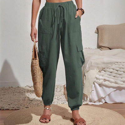 Olivenorma Damen Einfarbige Cargohose mit hoher Taille und Kordelzug zum Wandern, Joggen - image 12