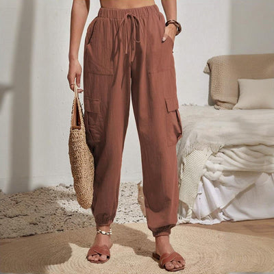 Olivenorma Damen Einfarbige Cargohose mit hoher Taille und Kordelzug zum Wandern, Joggen - image 16
