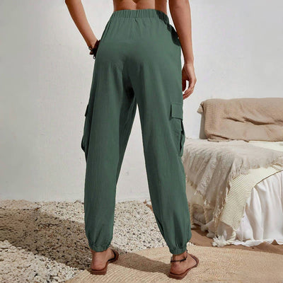 Olivenorma Damen Einfarbige Cargohose mit hoher Taille und Kordelzug zum Wandern, Joggen - image 13