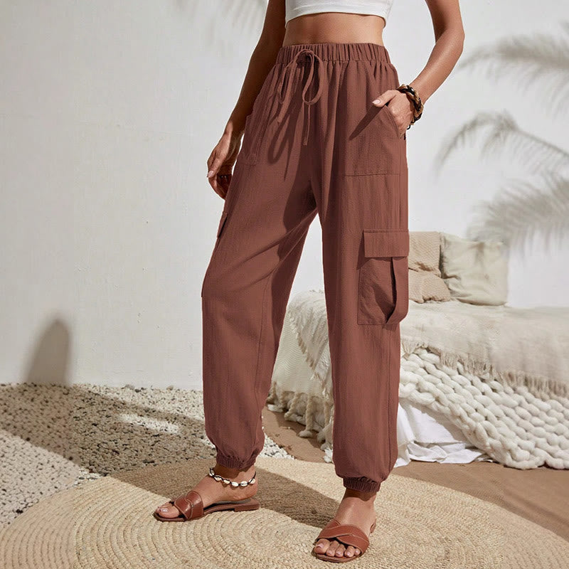 Olivenorma Damen Einfarbige Cargohose mit hoher Taille und Kordelzug zum Wandern, Joggen - Sienna - XL - image 15