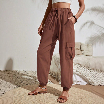 Olivenorma Damen Einfarbige Cargohose mit hoher Taille und Kordelzug zum Wandern, Joggen - Sienna - XL - image 15