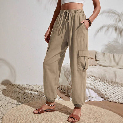 Olivenorma Damen Einfarbige Cargohose mit hoher Taille und Kordelzug zum Wandern, Joggen - Khaki - XL - image 1