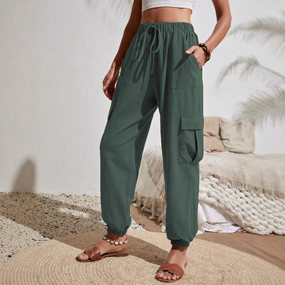 Olivenorma Damen Einfarbige Cargohose mit hoher Taille und Kordelzug zum Wandern, Joggen - Seegrün - XL - image 11