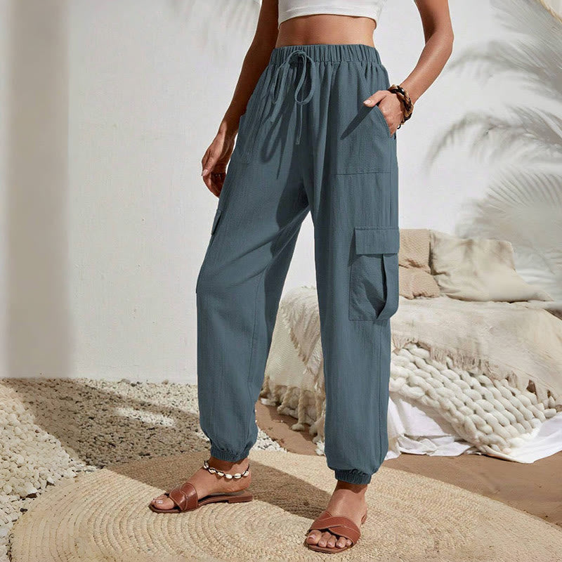 Olivenorma Damen Einfarbige Cargohose mit hoher Taille und Kordelzug zum Wandern, Joggen - Stahlblau - XL - image 23