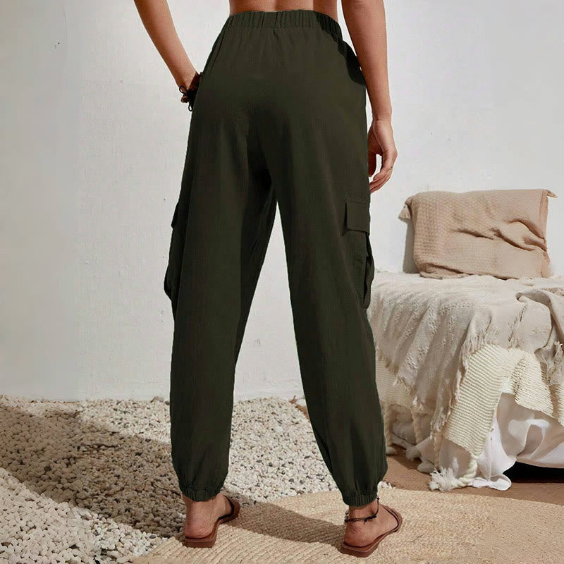 Olivenorma Damen Einfarbige Cargohose mit hoher Taille und Kordelzug zum Wandern, Joggen - image 10