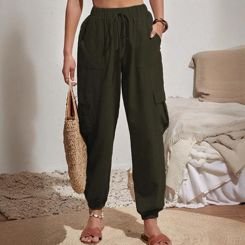 Olivenorma Damen Einfarbige Cargohose mit hoher Taille und Kordelzug zum Wandern, Joggen - image 9