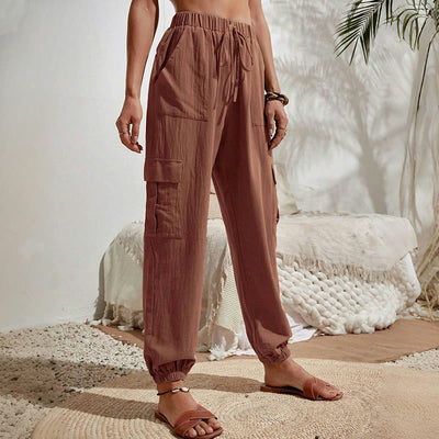 Olivenorma Damen Einfarbige Cargohose mit hoher Taille und Kordelzug zum Wandern, Joggen - image 18