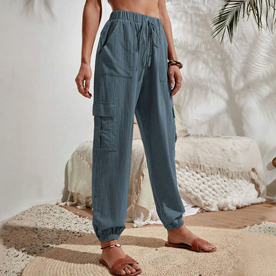 Olivenorma Damen Einfarbige Cargohose mit hoher Taille und Kordelzug zum Wandern, Joggen - image 26