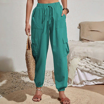 Olivenorma Damen Einfarbige Cargohose mit hoher Taille und Kordelzug zum Wandern, Joggen - image 20
