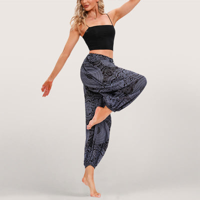 Olivenorma Flowy Boho Print Damen Haremshose mit elastischer Taille