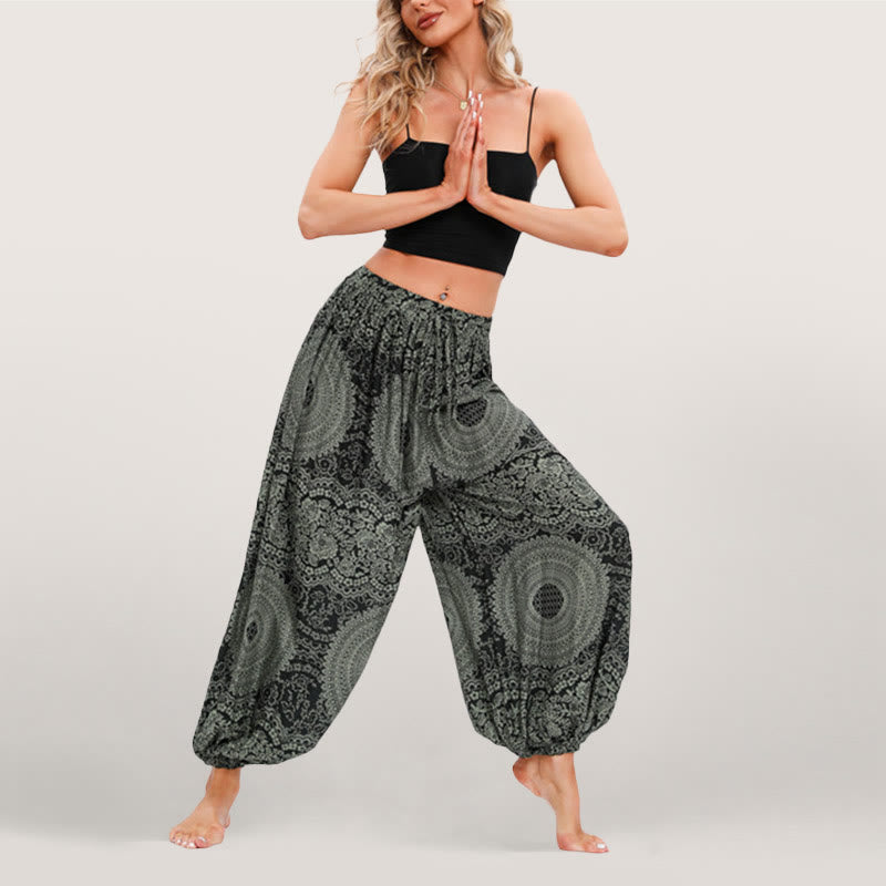 Olivenorma Flowy Boho Print Damen Haremshose mit elastischer Taille