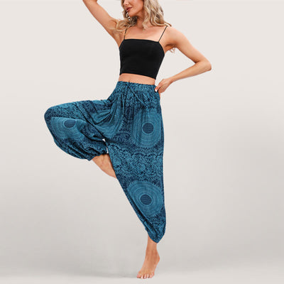 Olivenorma Flowy Boho Print Damen Haremshose mit elastischer Taille
