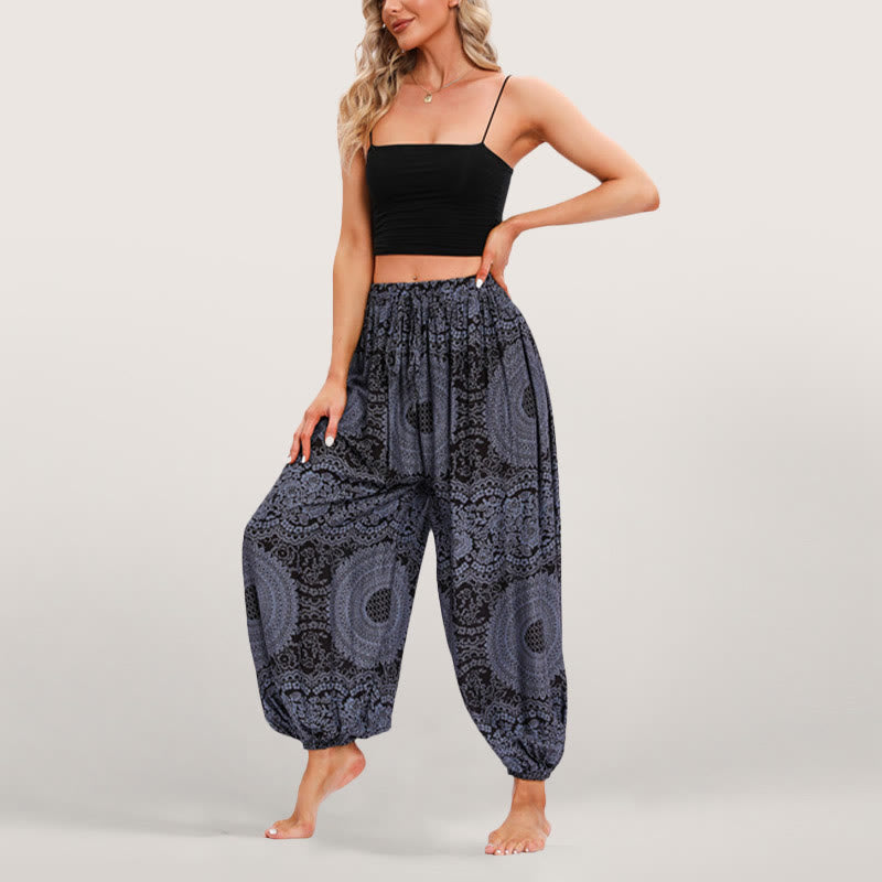 Olivenorma Flowy Boho Print Damen Haremshose mit elastischer Taille