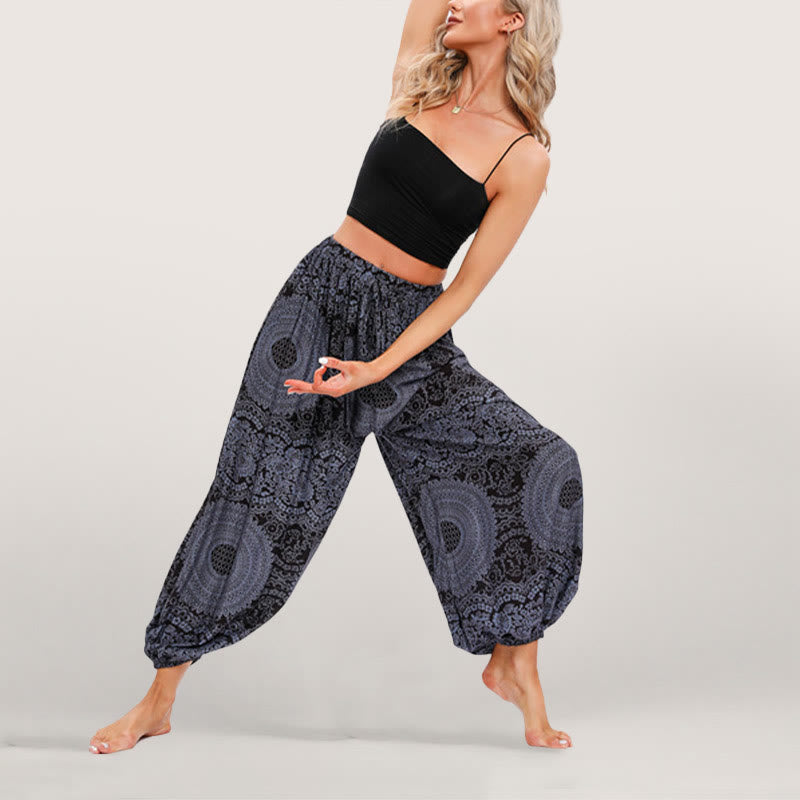 Olivenorma Flowy Boho Print Damen Haremshose mit elastischer Taille