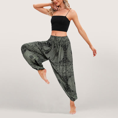 Olivenorma Flowy Boho Print Damen Haremshose mit elastischer Taille