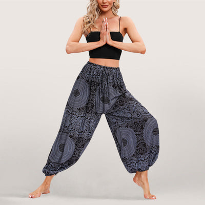 Olivenorma Flowy Boho Print Damen Haremshose mit elastischer Taille