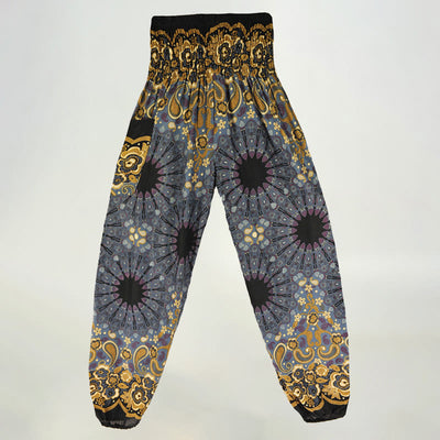 Olivenorma Damen-Haremshose aus Viskose mit Mandala-Schneeflocken-Print und elastischer Taille