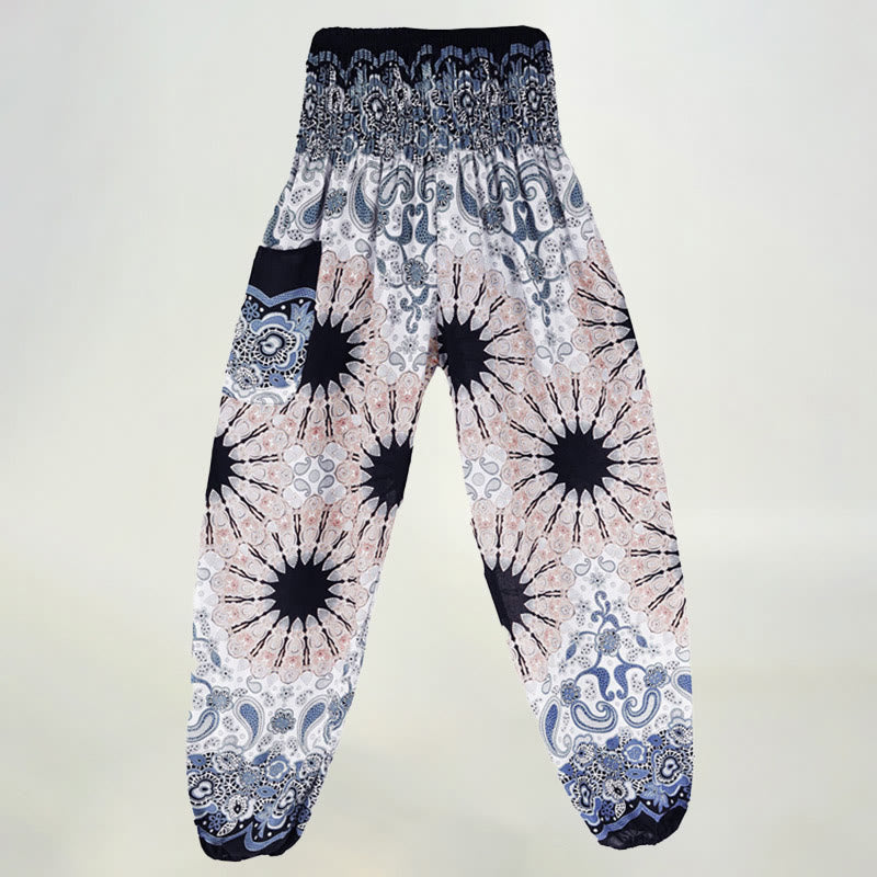 Olivenorma Damen-Haremshose aus Viskose mit Mandala-Schneeflocken-Print und elastischer Taille