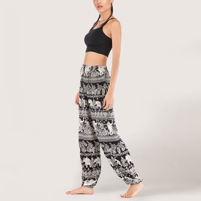 Olivenorma Yogahose mit ethnischem Elefantenmotiv, Viskose, Haremshose für Damen mit elastischer Taille