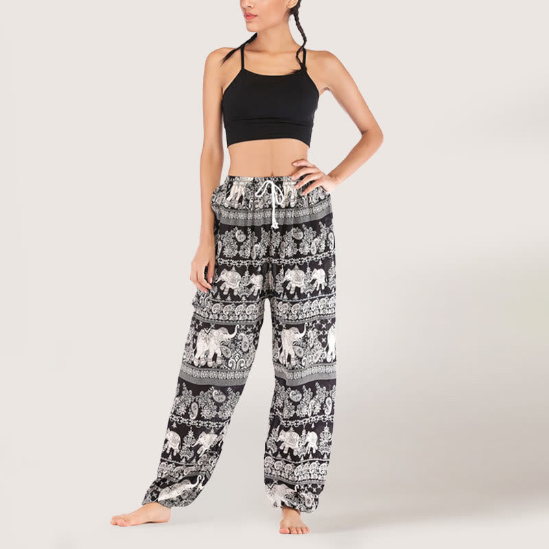 Olivenorma Yogahose mit ethnischem Elefantenmotiv, Viskose, Haremshose für Damen mit elastischer Taille