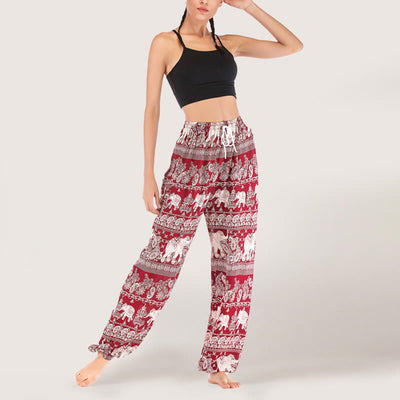 Olivenorma Yogahose mit ethnischem Elefantenmotiv, Viskose, Haremshose für Damen mit elastischer Taille