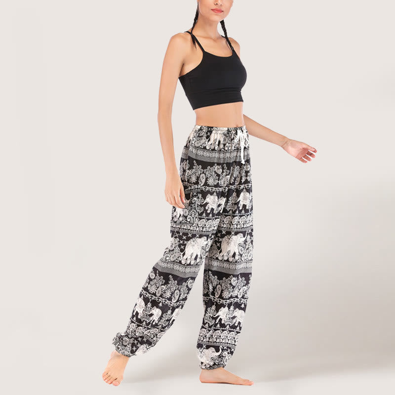 Olivenorma Yogahose mit ethnischem Elefantenmotiv, Viskose, Haremshose für Damen mit elastischer Taille