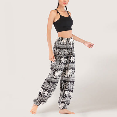 Olivenorma Yogahose mit ethnischem Elefantenmotiv, Viskose, Haremshose für Damen mit elastischer Taille
