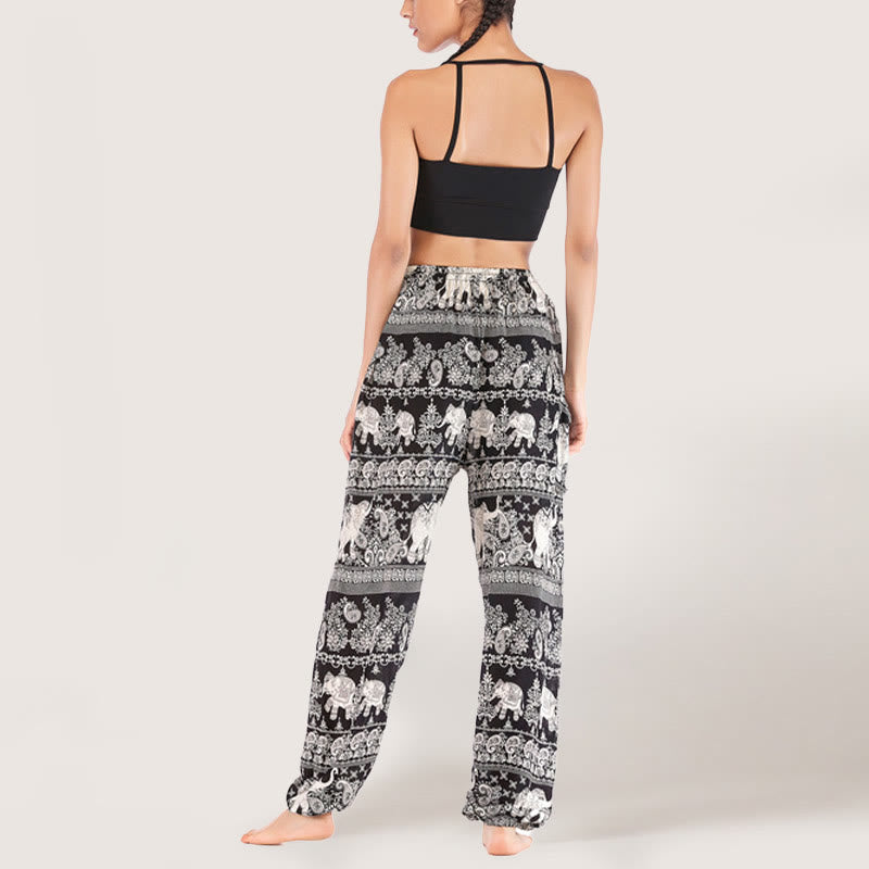 Olivenorma Yogahose mit ethnischem Elefantenmotiv, Viskose, Haremshose für Damen mit elastischer Taille