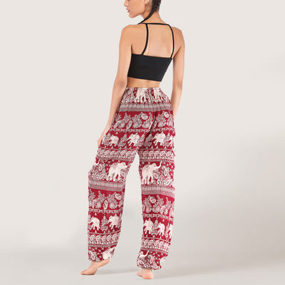 Olivenorma Yogahose mit ethnischem Elefantenmotiv, Viskose, Haremshose für Damen mit elastischer Taille