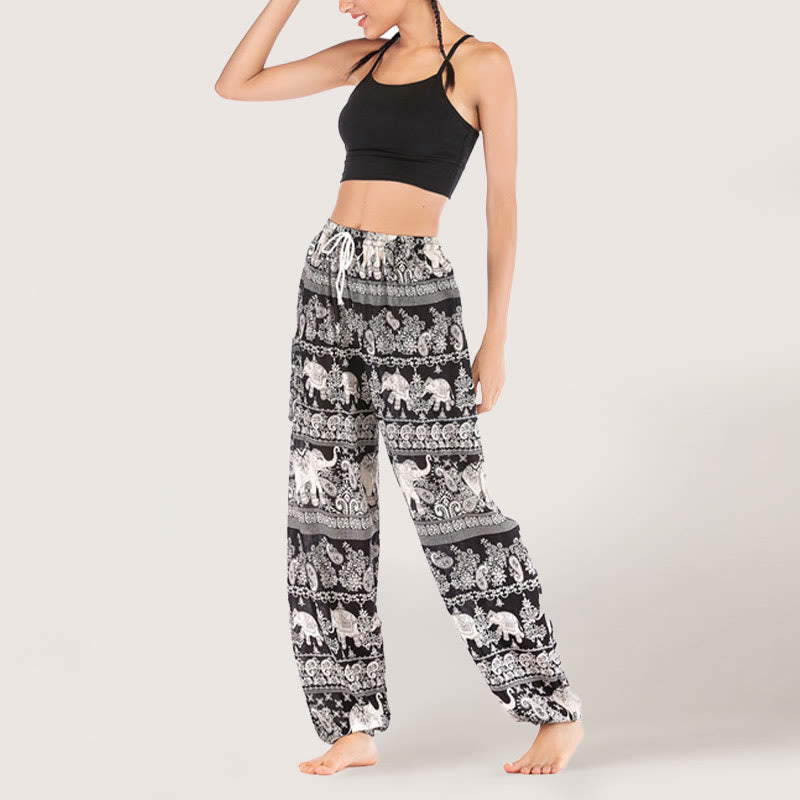 Olivenorma Yogahose mit ethnischem Elefantenmotiv, Viskose, Haremshose für Damen mit elastischer Taille