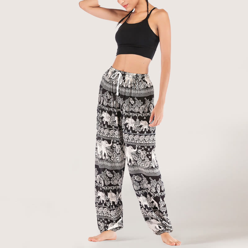 Olivenorma Yogahose mit ethnischem Elefantenmotiv, Viskose, Haremshose für Damen mit elastischer Taille