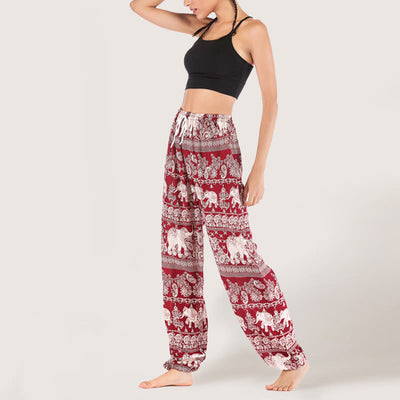 Olivenorma Yogahose mit ethnischem Elefantenmotiv, Viskose, Haremshose für Damen mit elastischer Taille