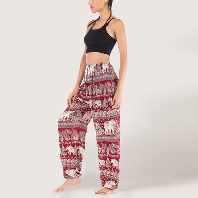 Olivenorma Yogahose mit ethnischem Elefantenmotiv, Viskose, Haremshose für Damen mit elastischer Taille