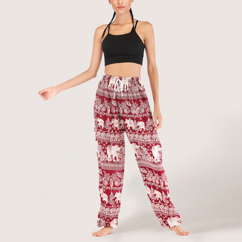 Olivenorma Yogahose mit ethnischem Elefantenmotiv, Viskose, Haremshose für Damen mit elastischer Taille