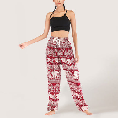 Olivenorma Yogahose mit ethnischem Elefantenmotiv, Viskose, Haremshose für Damen mit elastischer Taille