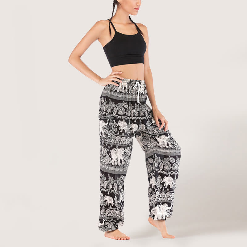 Olivenorma Yogahose mit ethnischem Elefantenmotiv, Viskose, Haremshose für Damen mit elastischer Taille
