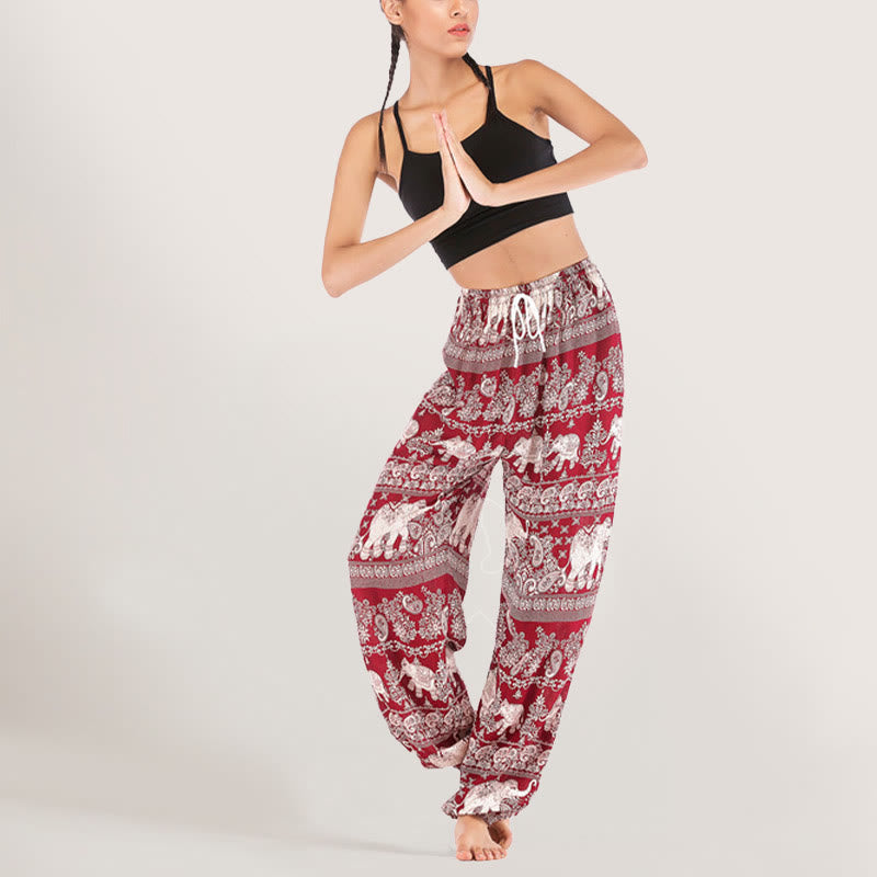 Olivenorma Yogahose mit ethnischem Elefantenmotiv, Viskose, Haremshose für Damen mit elastischer Taille